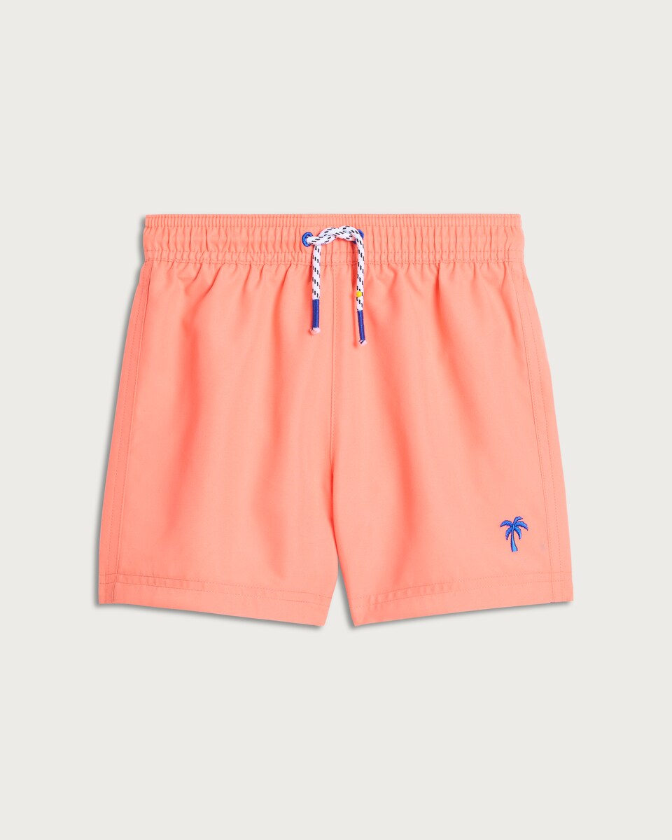 image 1 of F&F Boys Palm Tree Embroidered Drawstring Swim Shorts in Coral