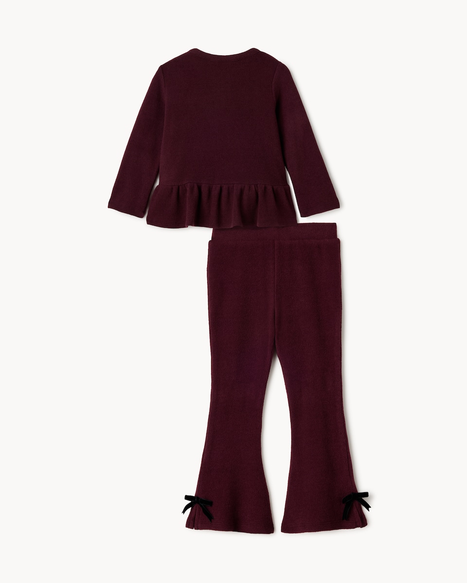 image 1 of F&F Girls Bow Top and Flared Leggings Set in Burgundy