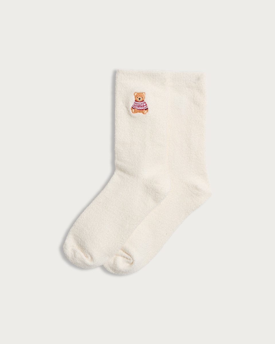 F&F Womens Teddy Bear Embroidered Matching Family Christmas Cosy Socks in Cream