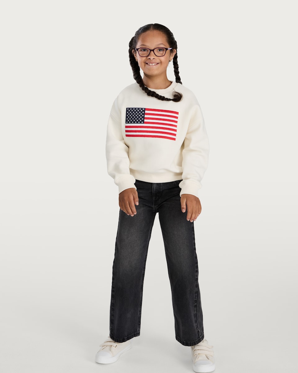 image 1 of F&F Girls Cotton Rich American Flag Sweatshirt in Cream