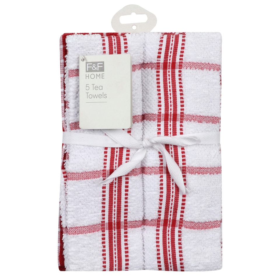 Tesco Recycled Cotton Terry Tea Towel 5pk Red