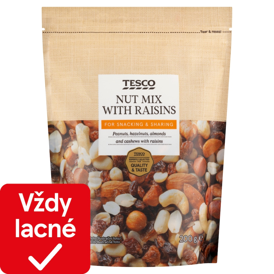 Tesco Zmes hrozienok, pražených jadier arašidov a lúpaných suchých škrupinových plodov 200 g
