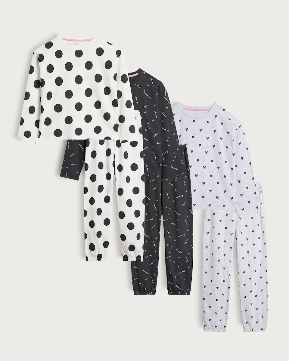 image 1 of F&F Girls 3-Pack Cotton Rich Polka Dot and Heart Print Pyjamas in Multi