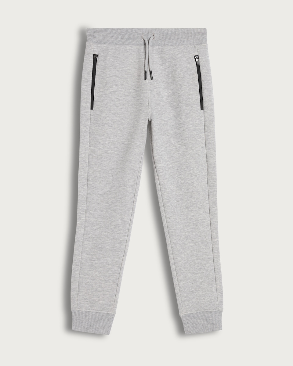 F&F Boys Cotton Rich Zip Pocket Cuffed Drawstring Joggers in Grey Marl