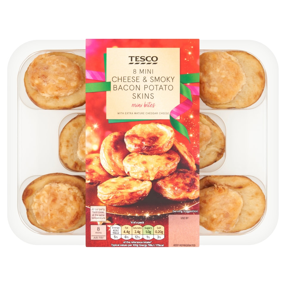 Tesco 8 Mature Cheddar & Smoky Bacon Skins 224G