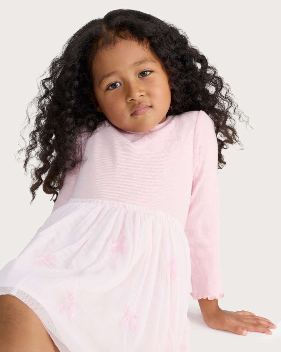 image 1 of F&F Girls Bow Embroidered Long Sleeve Dress in Multi