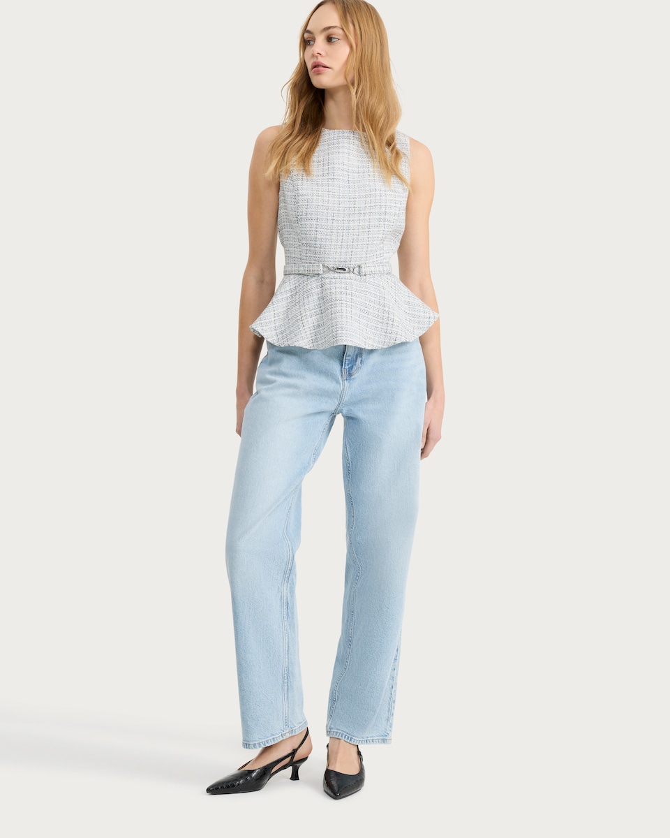 image 1 of F&F Boucle Textured Peplum Hem Sleeveless Top in Blue