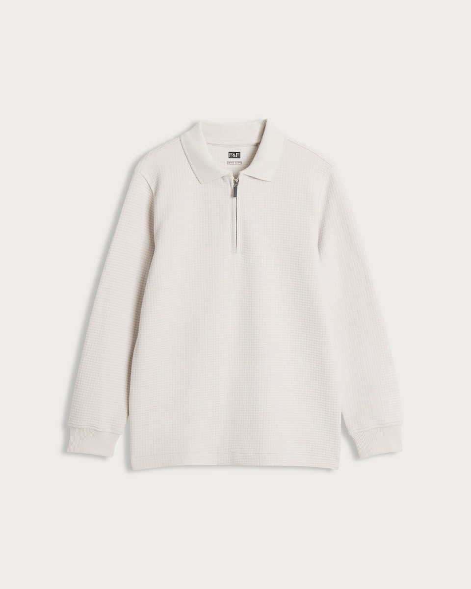 image 1 of F&F Boys Pure Cotton Waffle Textured Zip Polo Top in Med Nude