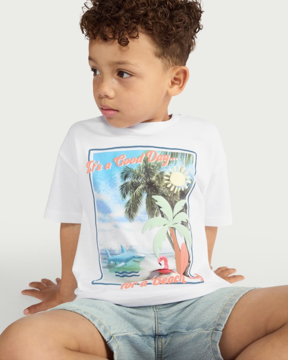 image 1 of F&F Boys Pure Cotton Beach Day Print T-Shirt in White