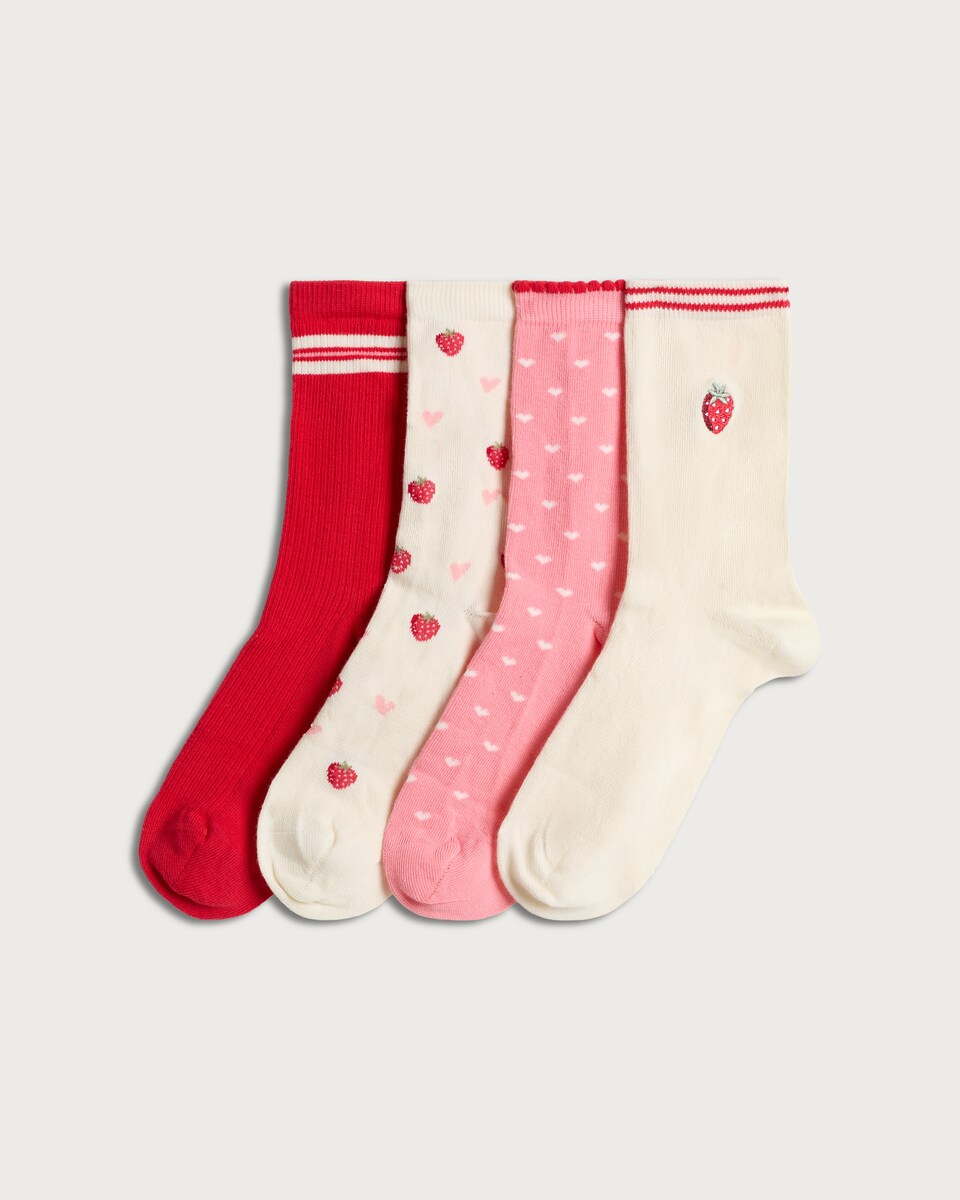 F&F 4-Pack Cotton Rich Strawberry and Heart Print Ankle Socks in Red