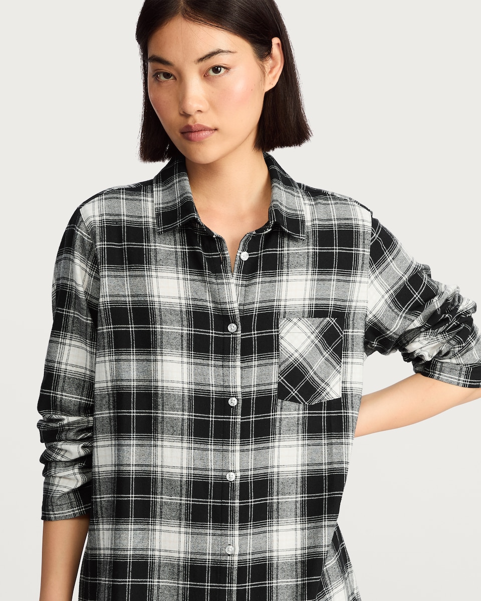 image 1 of F&F Pure Cotton Check Print Longline Pyjama Shirt in Multi Black
