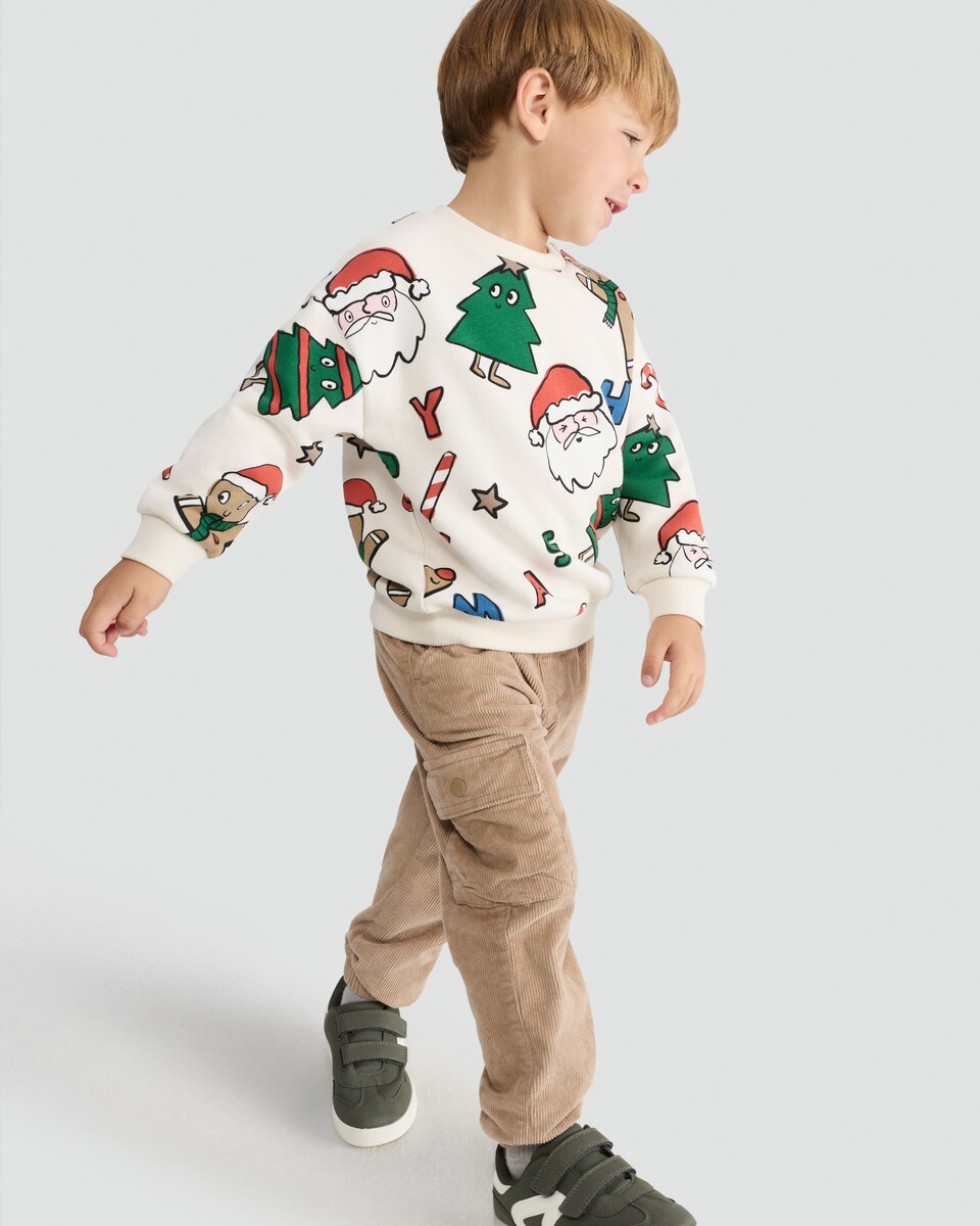 image 1 of F&F Boys Cotton Rich Christmas Motif Jumper in Cream