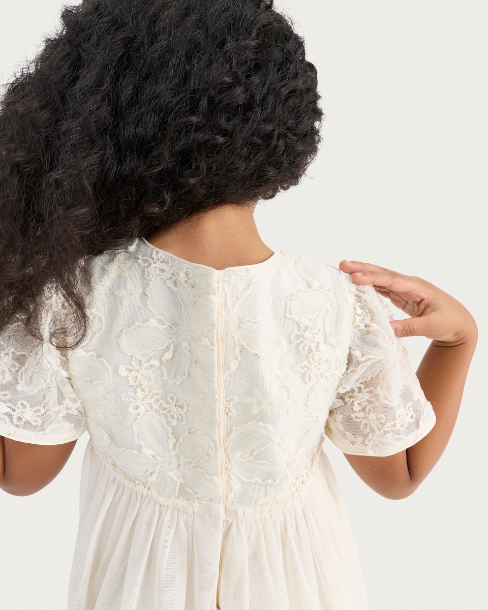 image 1 of F&F Girls Floral Lace Short Sleeved Dress in Cream