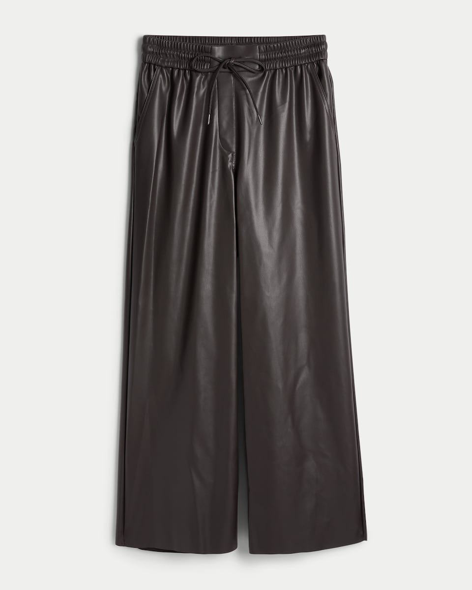 image 1 of The F&F Edit Faux Leather Wide Leg Drawstring Joggers in Brown