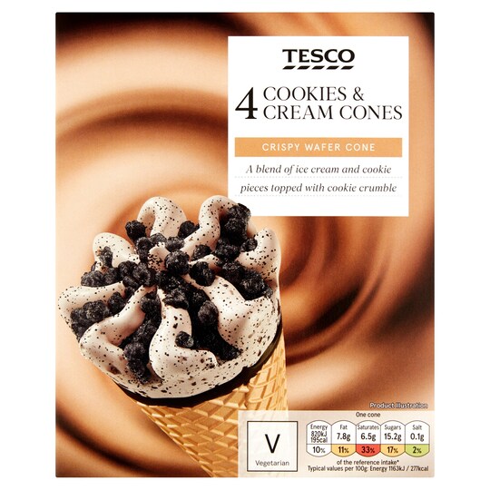 Tesco Cookies And Cream Cones 4 X 110Ml - Tesco Groceries