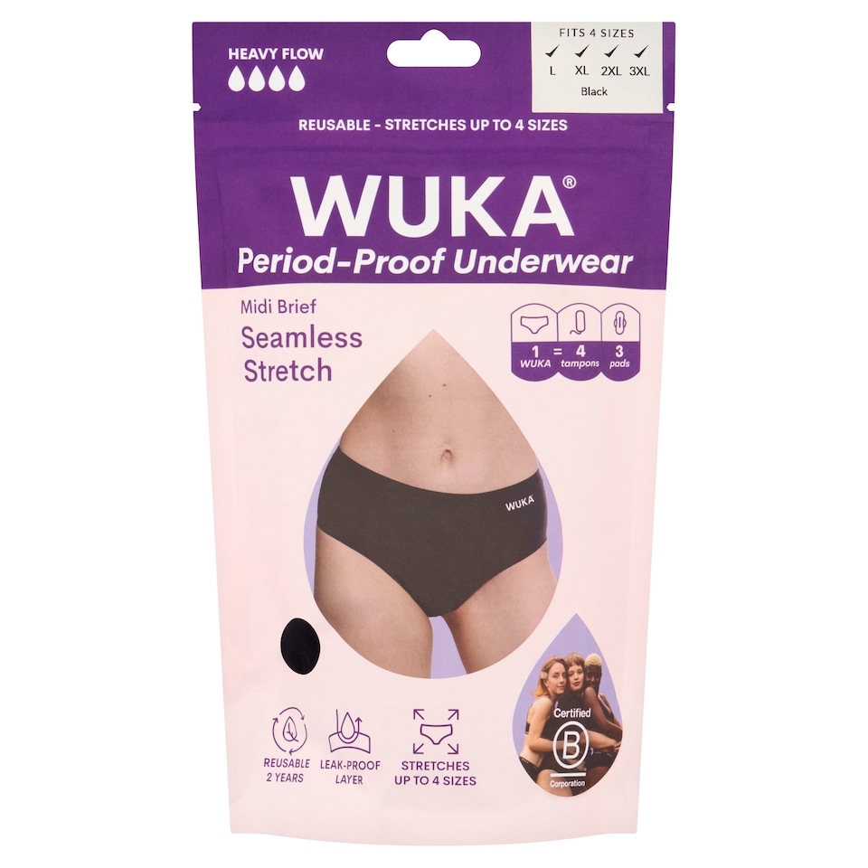 WUKA Seamless Stretch Midi Brief Period Proof Underwear Heavy Flow Black Size L - 3XL