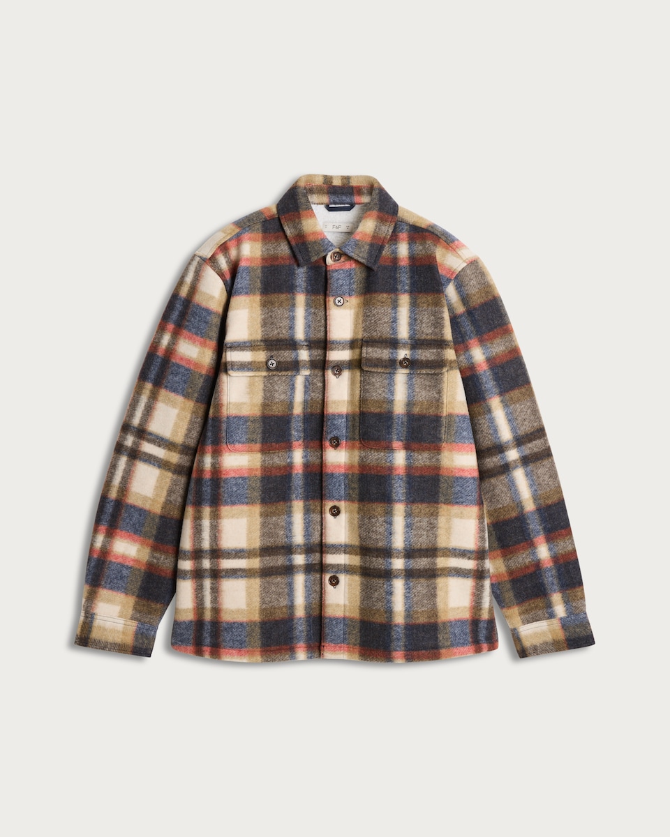 image 1 of F&F Borg Lined Check Print Button Up Overshirt in Mink