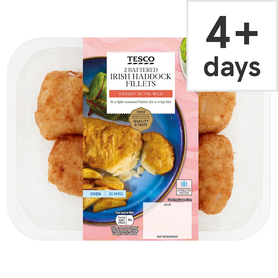 Tesco 2 Battered Irish Haddock Fillets 280G