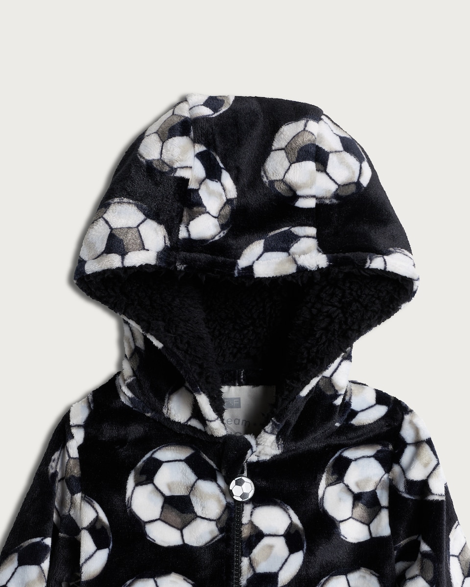 image 1 of F&F Boys Fleece Football Print Hooded Onesie in Black