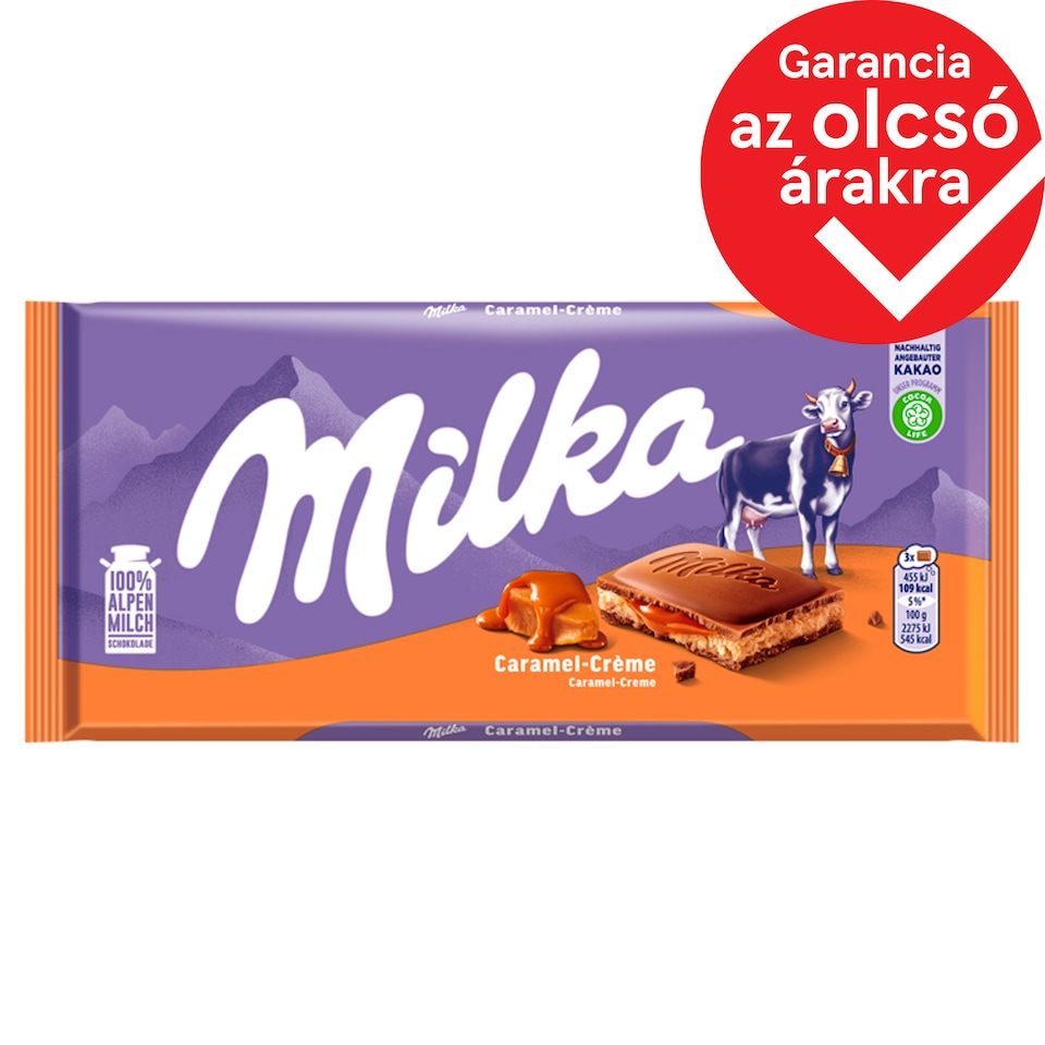 Milka alpesi tejcsokoládé karamellízű tejes krémtöltelékkel és karamellás töltelékkel 100 g