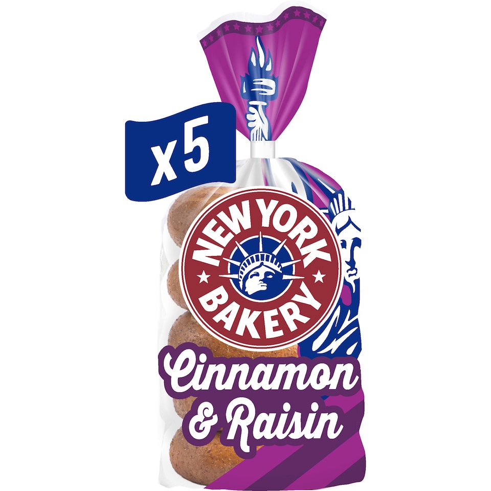 image 1 of New York Bakery Co Cinnamon & Raisin Bagels 5 Pack