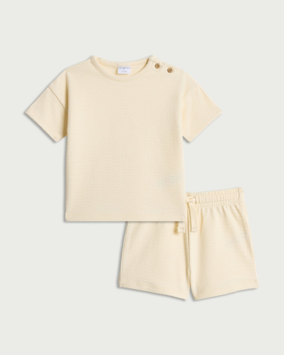 image 1 of F&F Baby 2-Pack Textured Top and Shorts Set in Cream