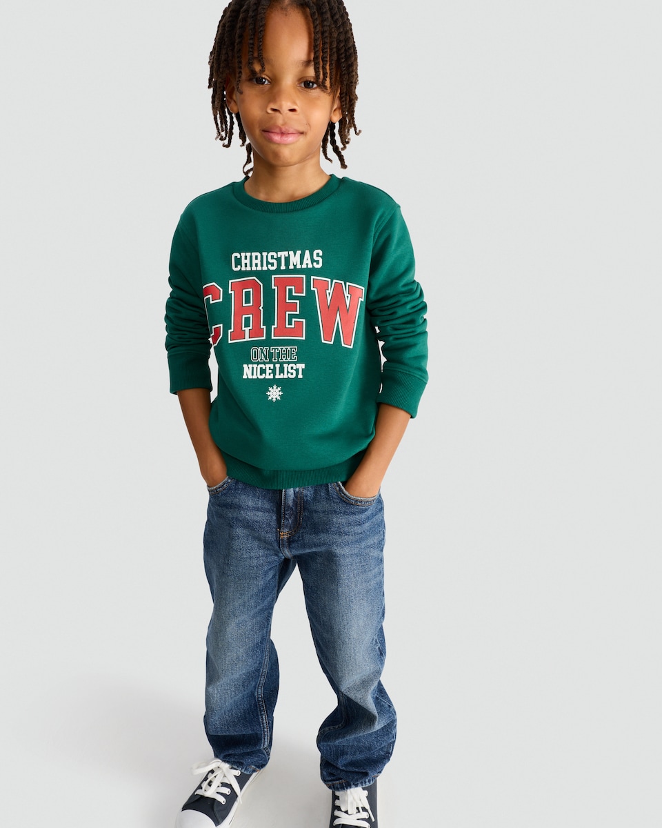image 1 of F&F Boys Cotton Rich Christmas Crew Sweatshirt in Green