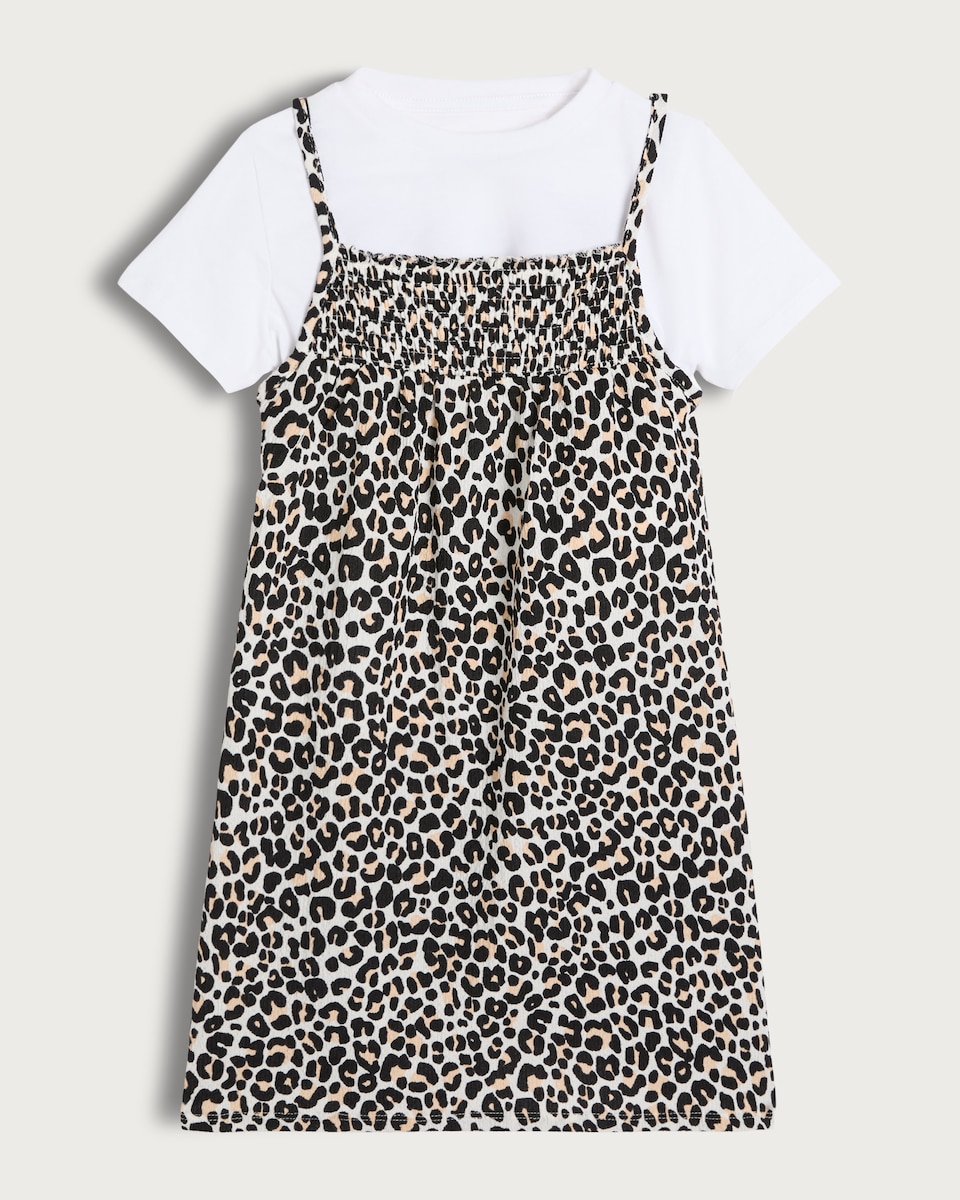 image 1 of F&F Girls Cotton Rich Leopard Print Layered Dress in Multi