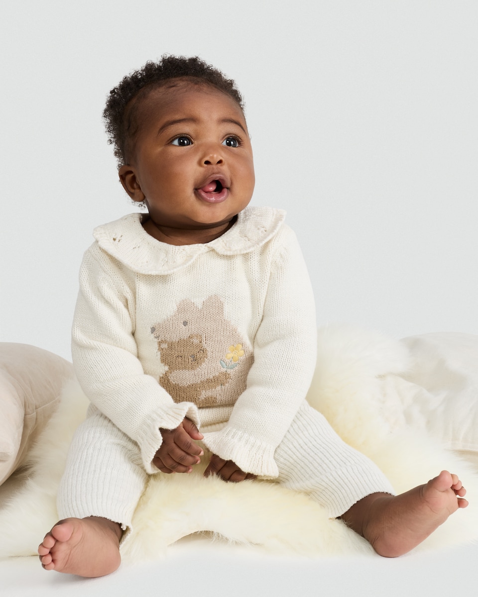 image 1 of F&F Baby 2-Piece Pure Cotton Knitted Bear Frill Jumper and Leggings Set in Cream