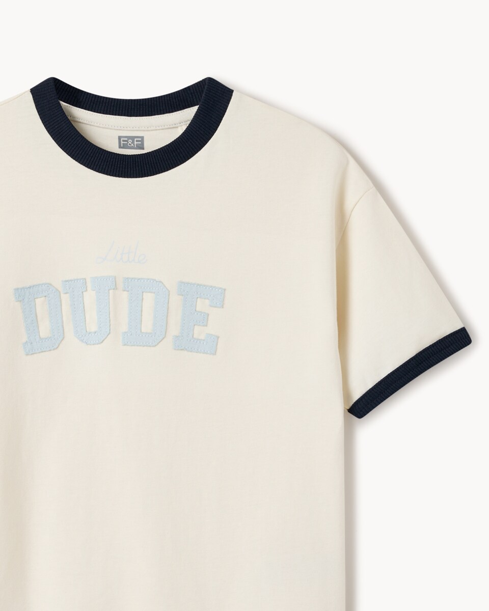 image 1 of F&F Boys Pure Cotton Dude T-Shirt in Cream