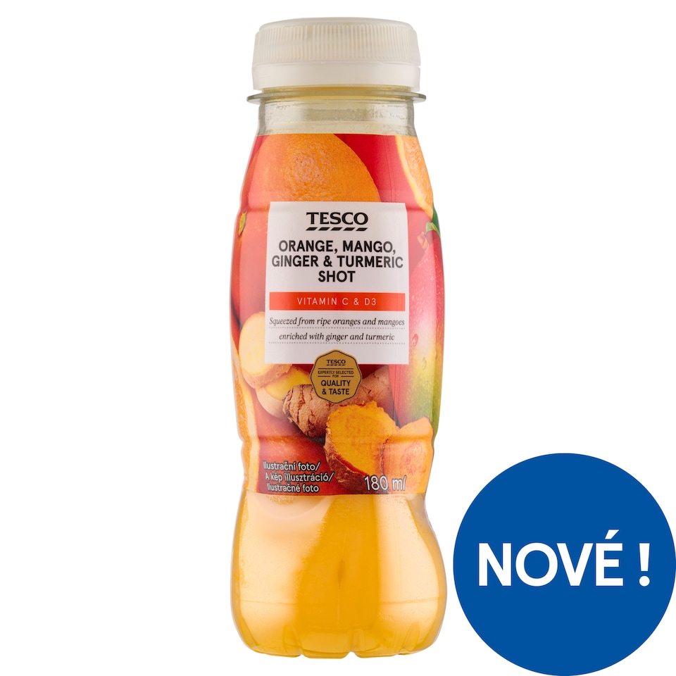 Tesco Nesycený ovocný nápoj s pomerančovou šťávou, mangem, zázvorem, kurkumou 180ml