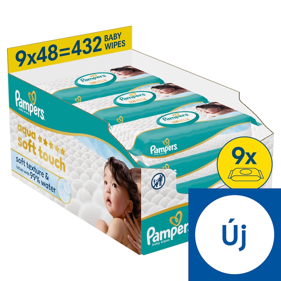 image 1 of Pampers Aqua Soft Touch Baby Wet Wipes, 9 Packs of 48 Wipes = 432 Baby Wet Wipes