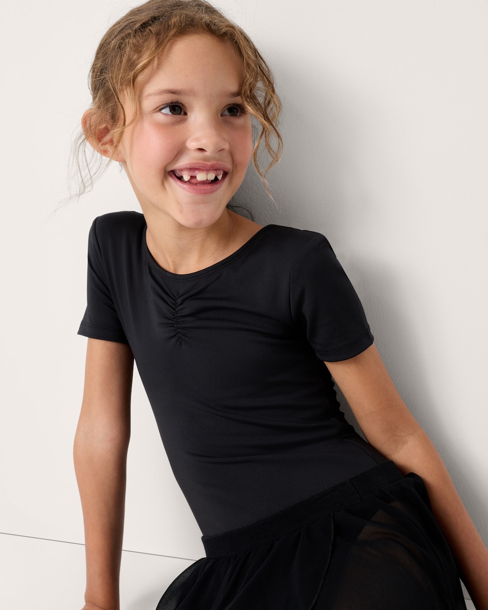 image 1 of F&F Active Girls Short Sleeved Leotard in Black