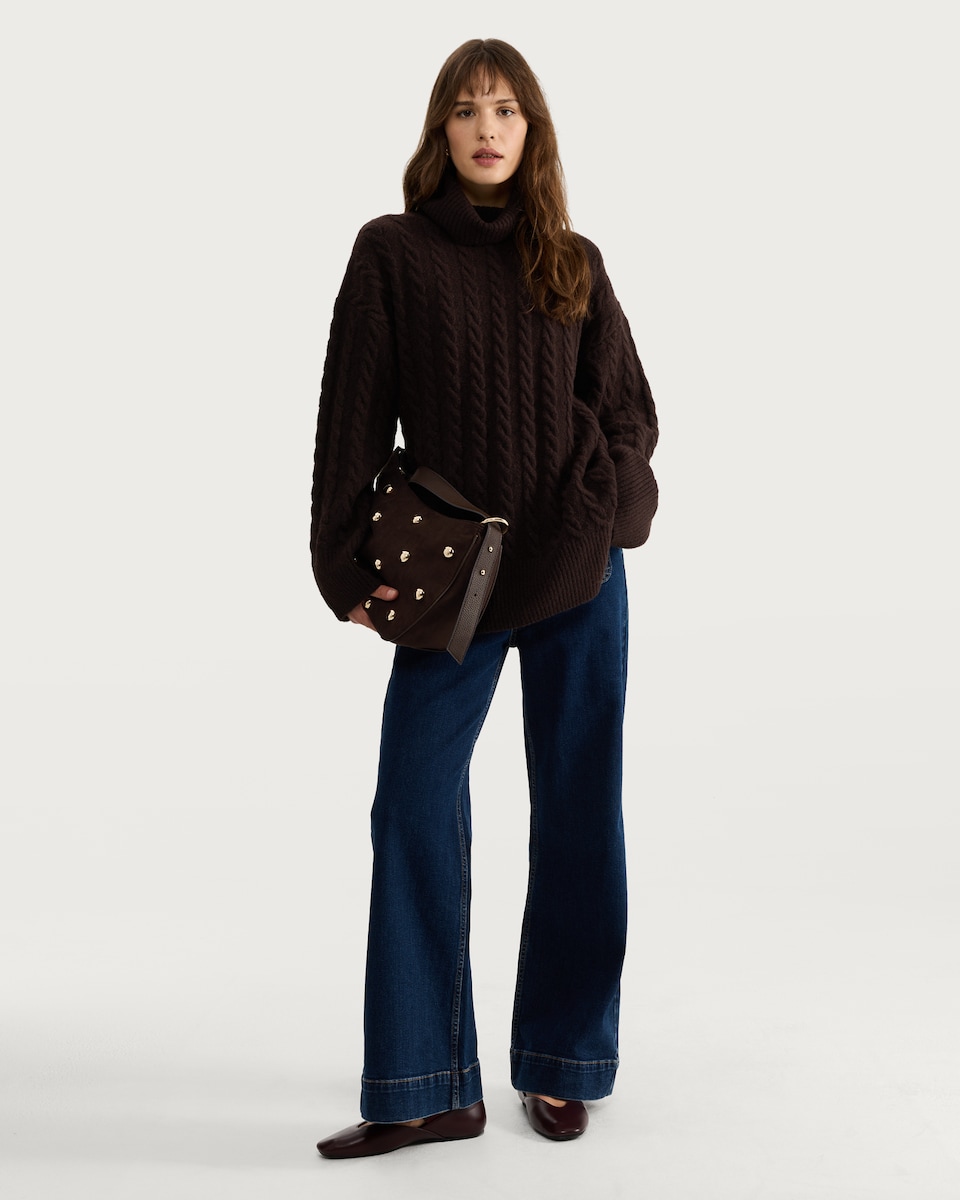 image 1 of F&F Cable Knit Roll Neck Jumper with Wool in Brown