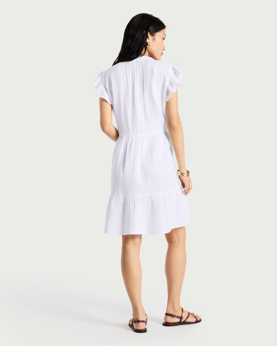 image 1 of F&F Pure Cotton Double Cloth Ruffle Sleeved Tiered Dress in White