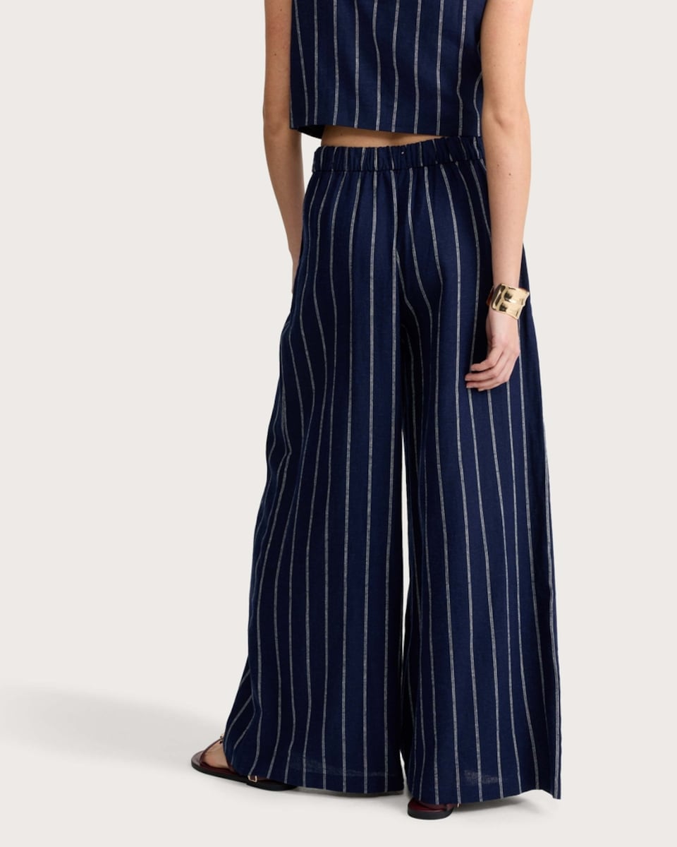 image 1 of The F&F Edit Linen Rich Stripe Super Wide Leg Trousers in Navy
