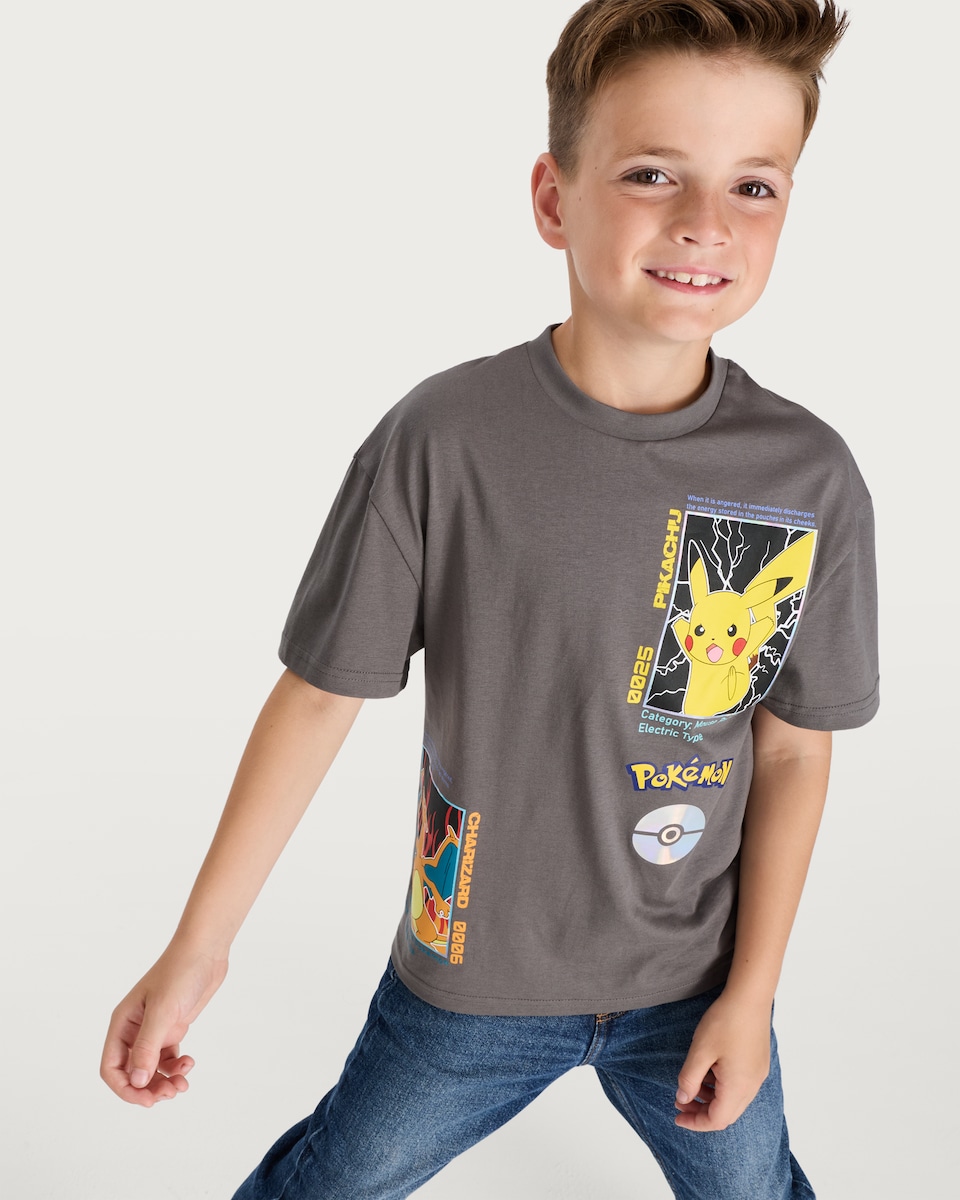 image 1 of Pokémon Pikachu and Charizard Pure Cotton Short Sleeved T-Shirt in Grey