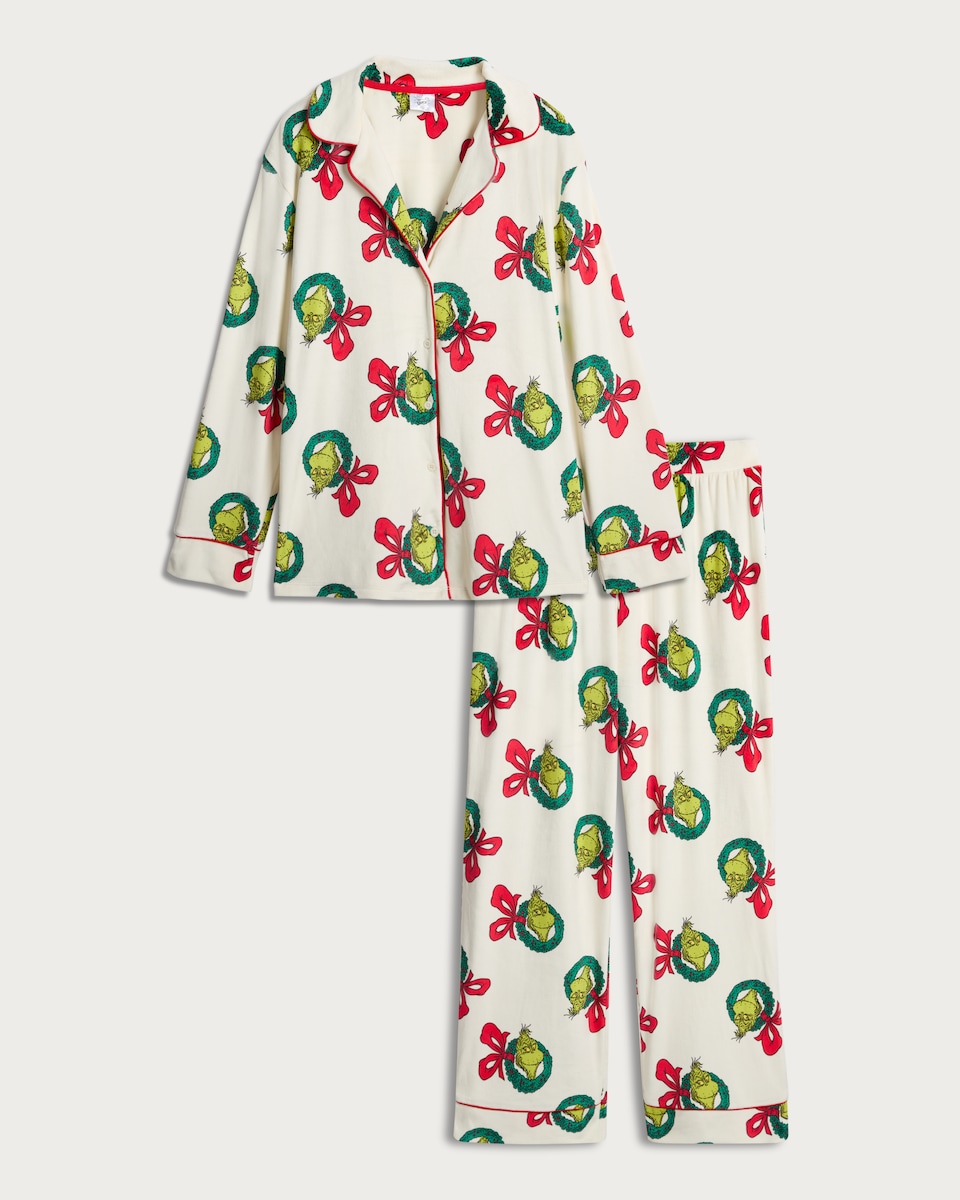 image 1 of The Grinch Wreath Print Shirt and Trousers Pyjamas in Stone