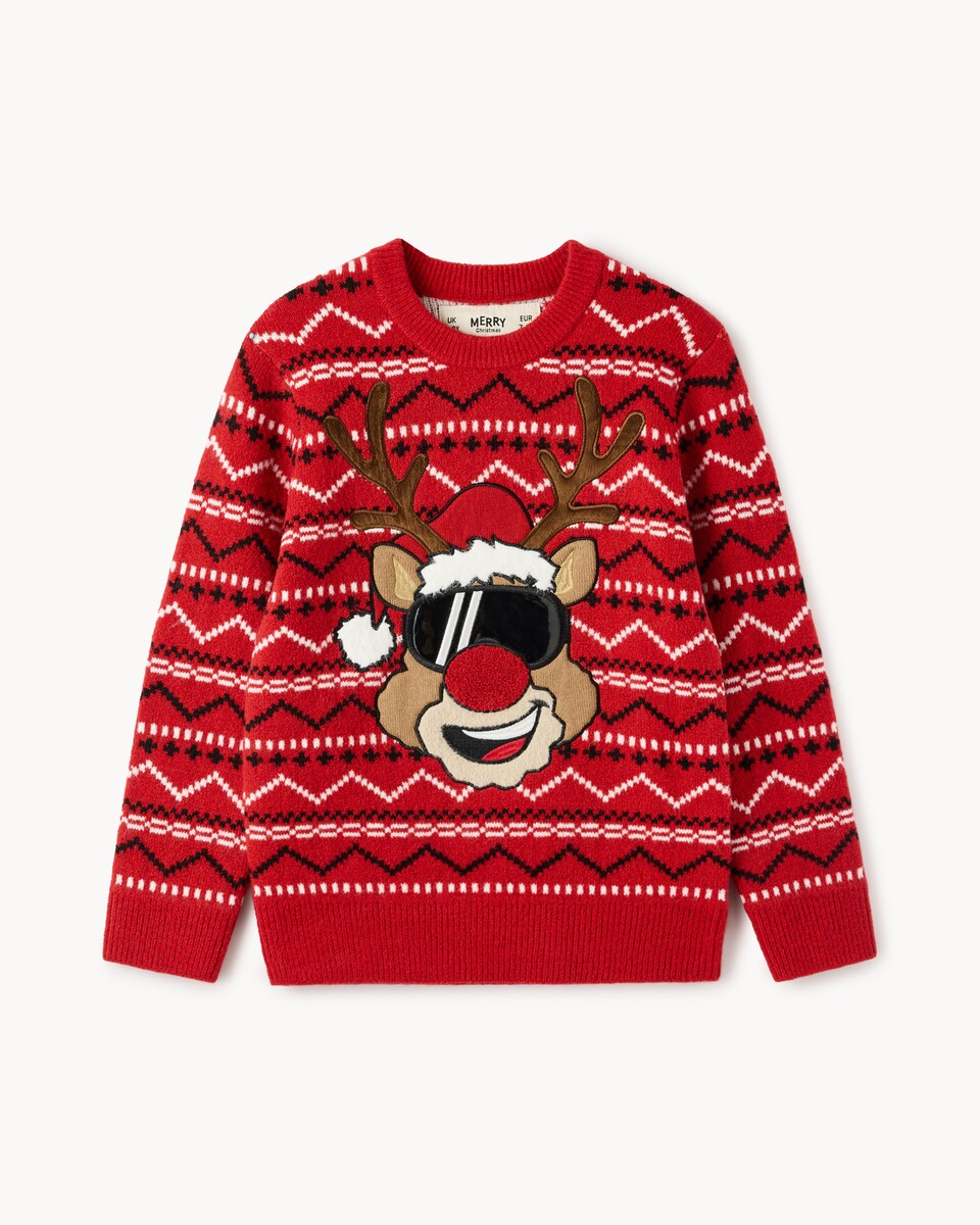 image 1 of Christmas Boys Reindeer Jumper in Red
