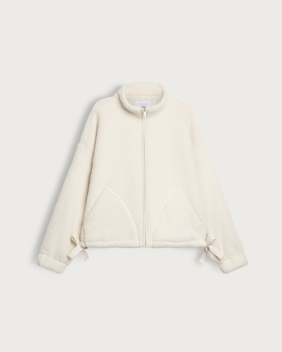 image 1 of F&F Textured Fleece Zip Up Pyjama Top in Cream