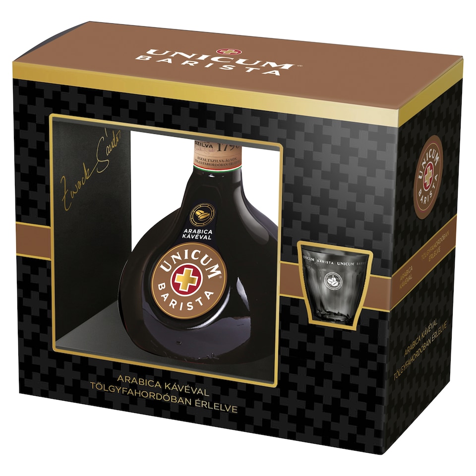 Zwack Unicum Barista gyógynövénylikőr díszdobozban 34,5% 0,7 l + 1 db pohár