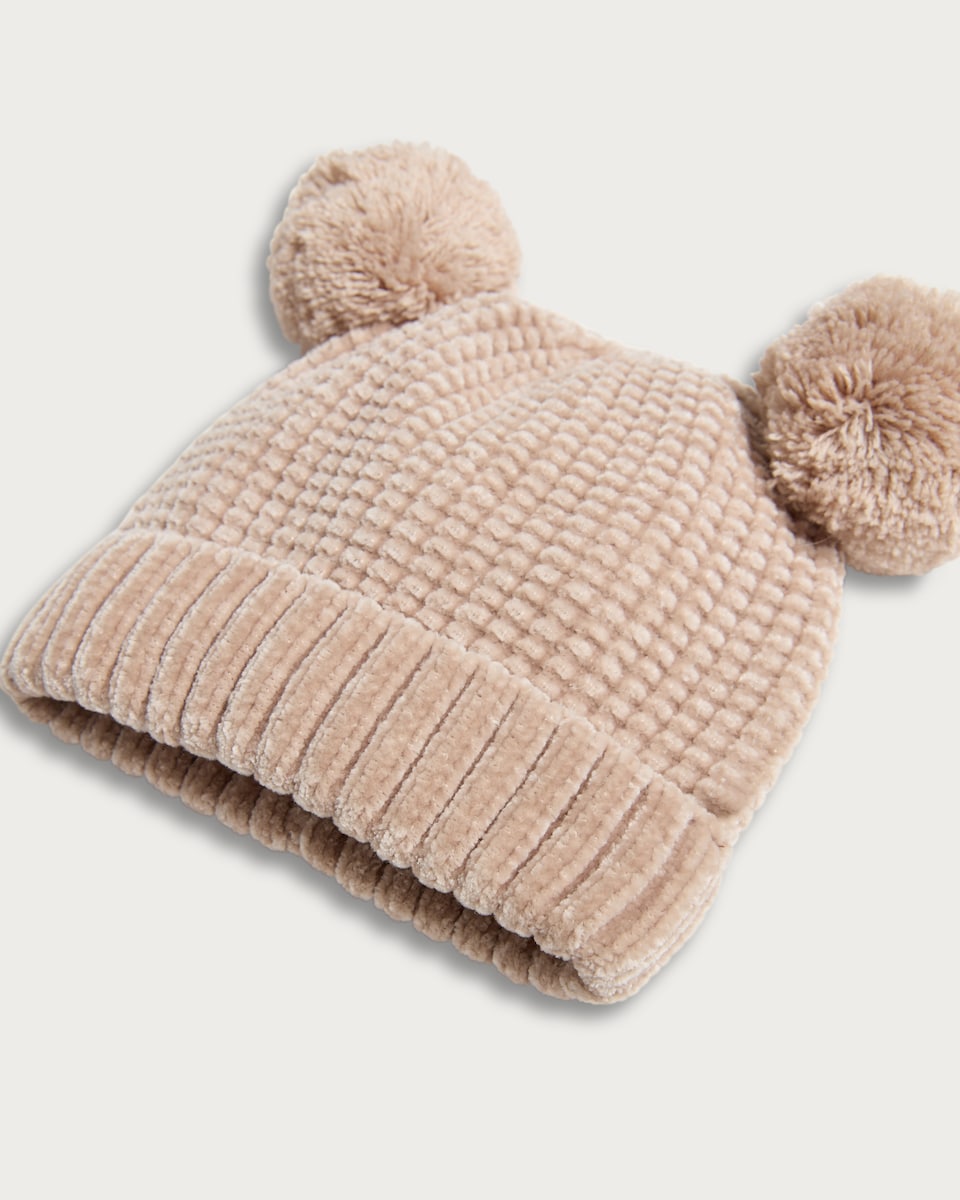 image 1 of F&F Baby 2-Piece Pom Pom Hat and Mittens Set in Neutral