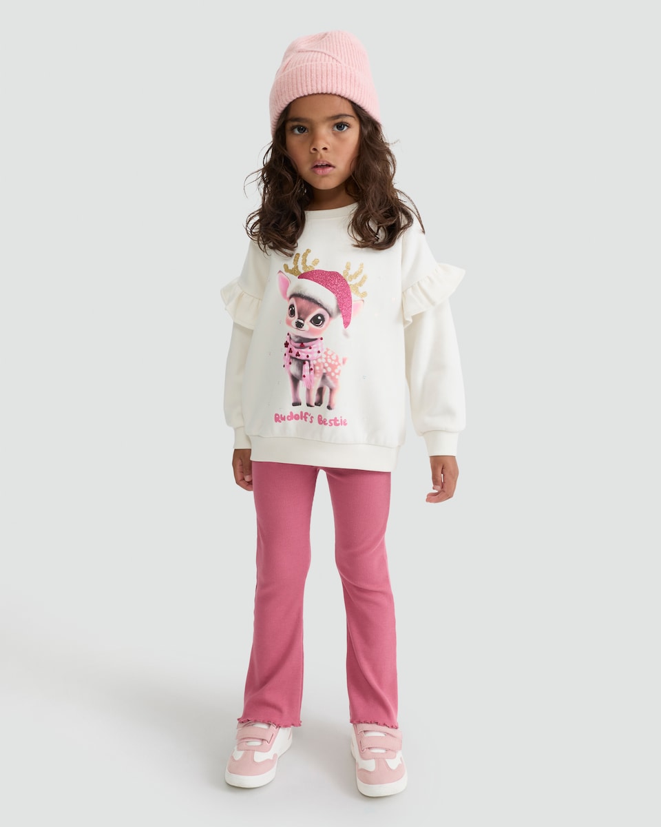 image 1 of F&F Girls Cotton Rich Rudolf's Bestie Slogan Sweatshirt in Cream