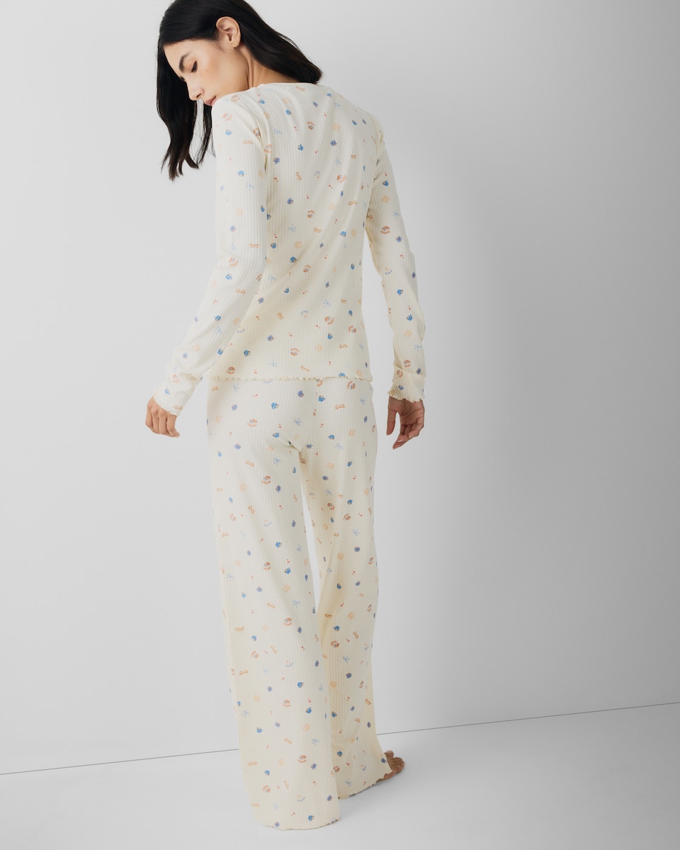 image 1 of F&F Cotton Rich Ribbed Book Club Print Pyjama Set in Cream