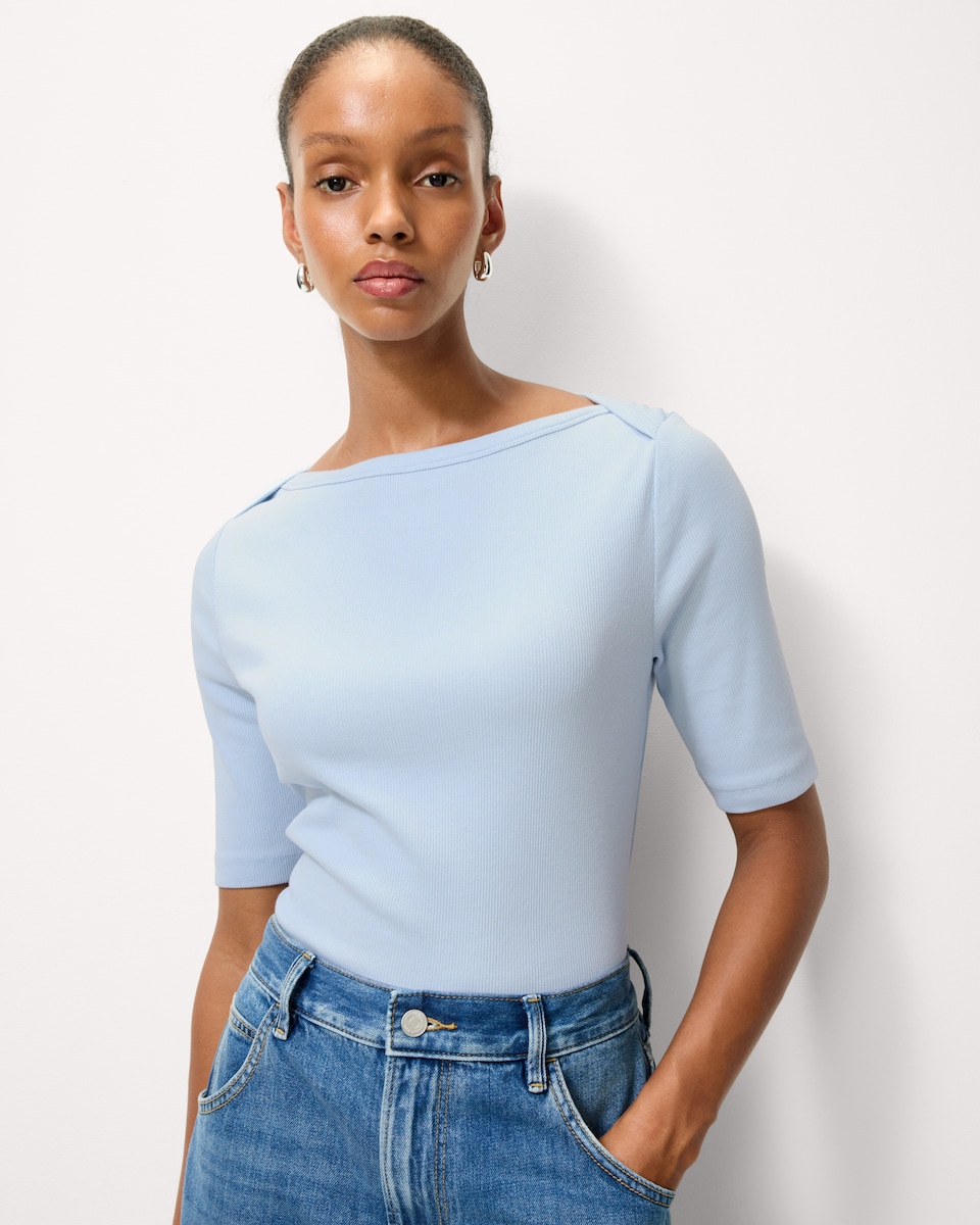 image 1 of F&F Cotton Rich Boat Neck Top in Blue
