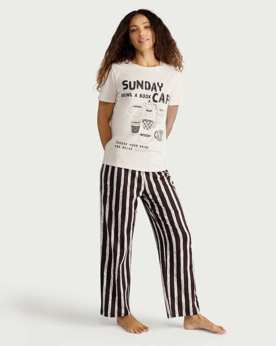 image 1 of F&F Pure Cotton Café Print Pyjama Set in Cream