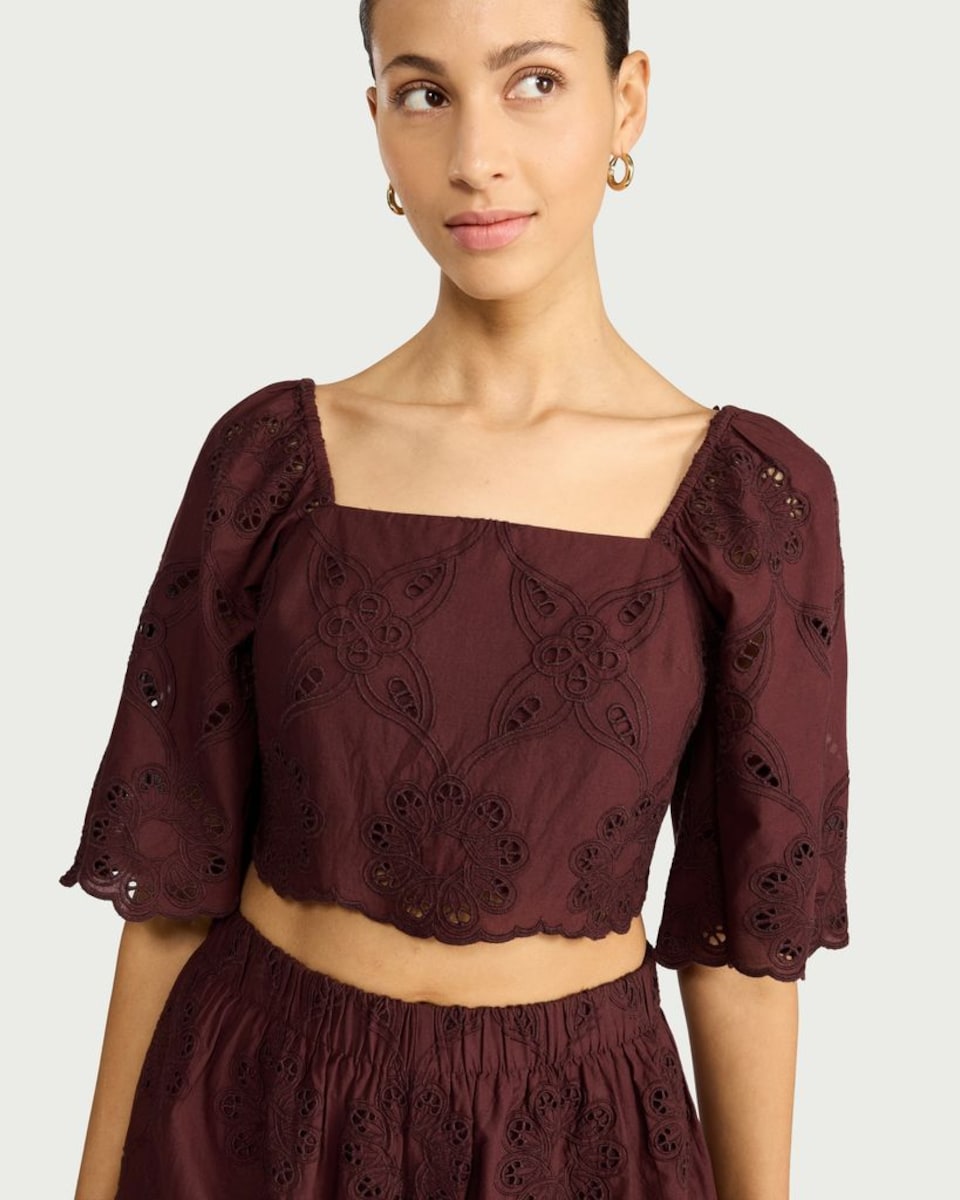 image 1 of F&F Pure Cotton Embroidered Square Neck Crop Co-ord Top in Multi Red