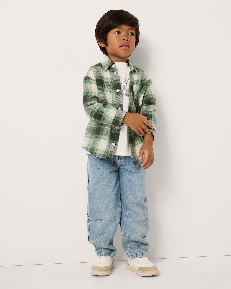 image 1 of F&F Boys 2-Piece Pure Cotton Checked Shirt and T-Shirt Set in Green