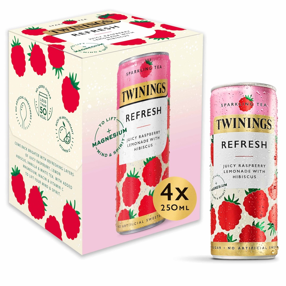image 1 of Twinings Sparkling Tea refresh Juicy Raspberry Lemonade with Hibiscus 4x250ml