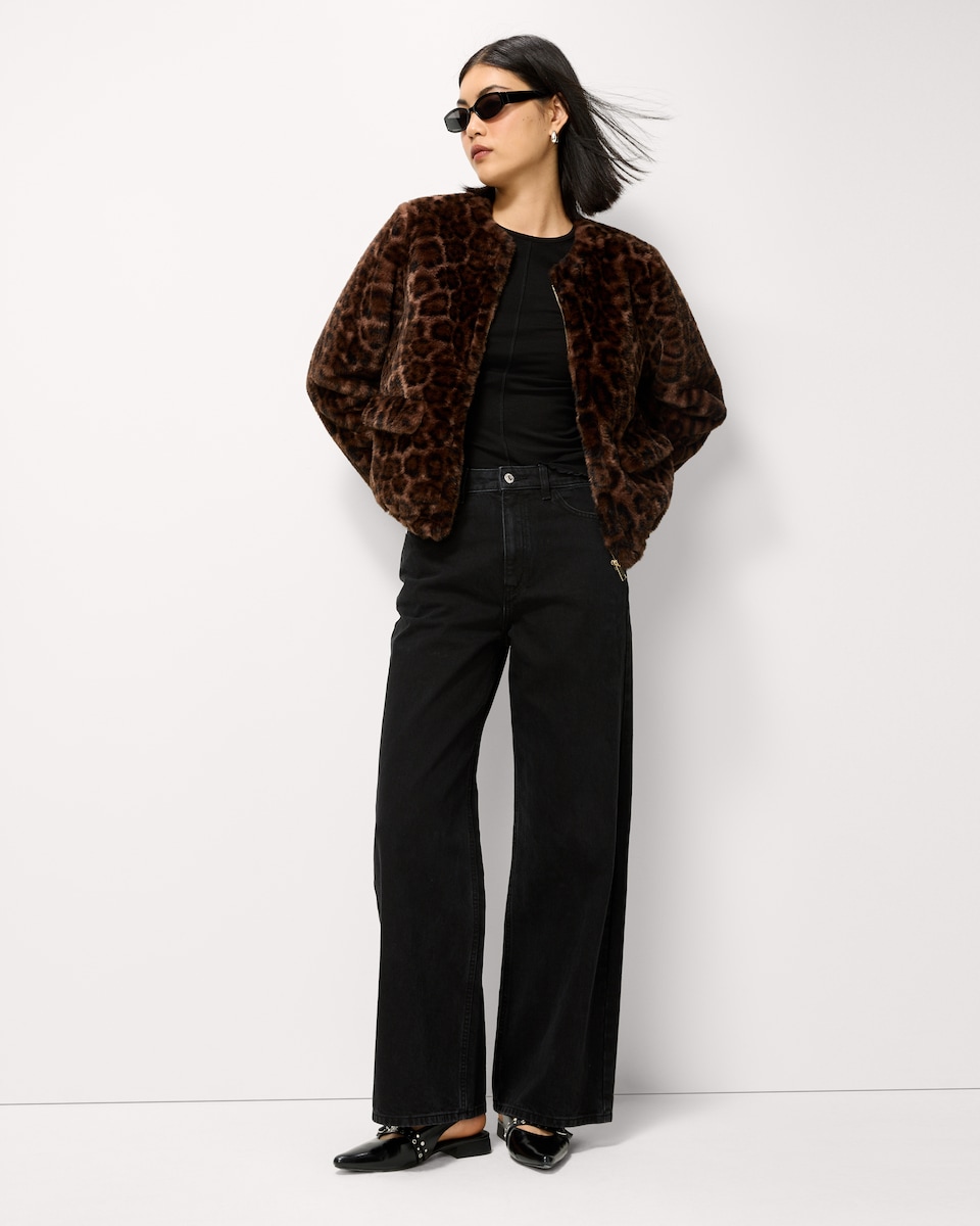 image 1 of F&F Faux Fur Zip Up Short Jacket in Multi Brown